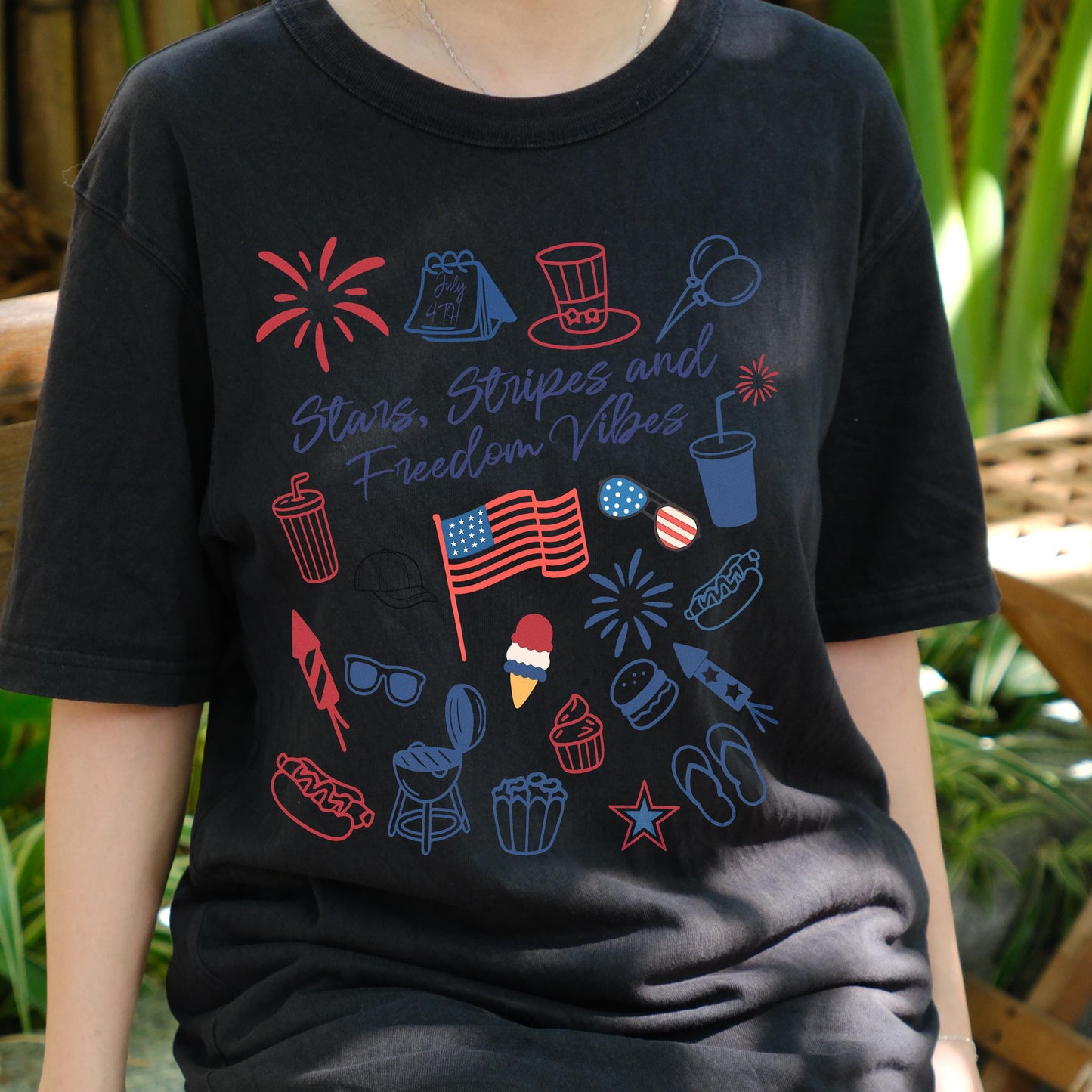 Stars Stripes and Freedom Vibes Shirt, 4th of July Graphic Tee, Patriotic Food and Fireworks Shirt, USA Independence Day T-Shirt