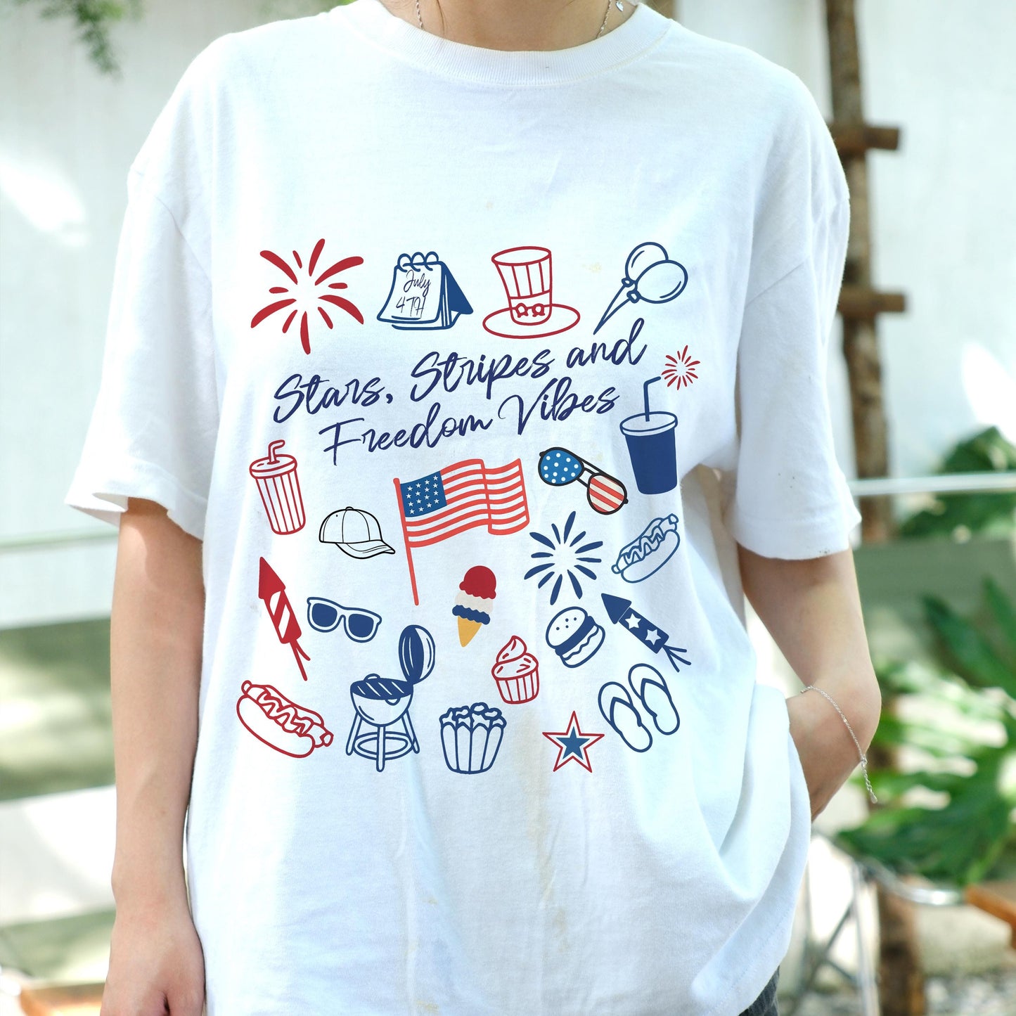 Stars Stripes and Freedom Vibes Shirt, 4th of July Graphic Tee, Patriotic Food and Fireworks Shirt, USA Independence Day T-Shirt