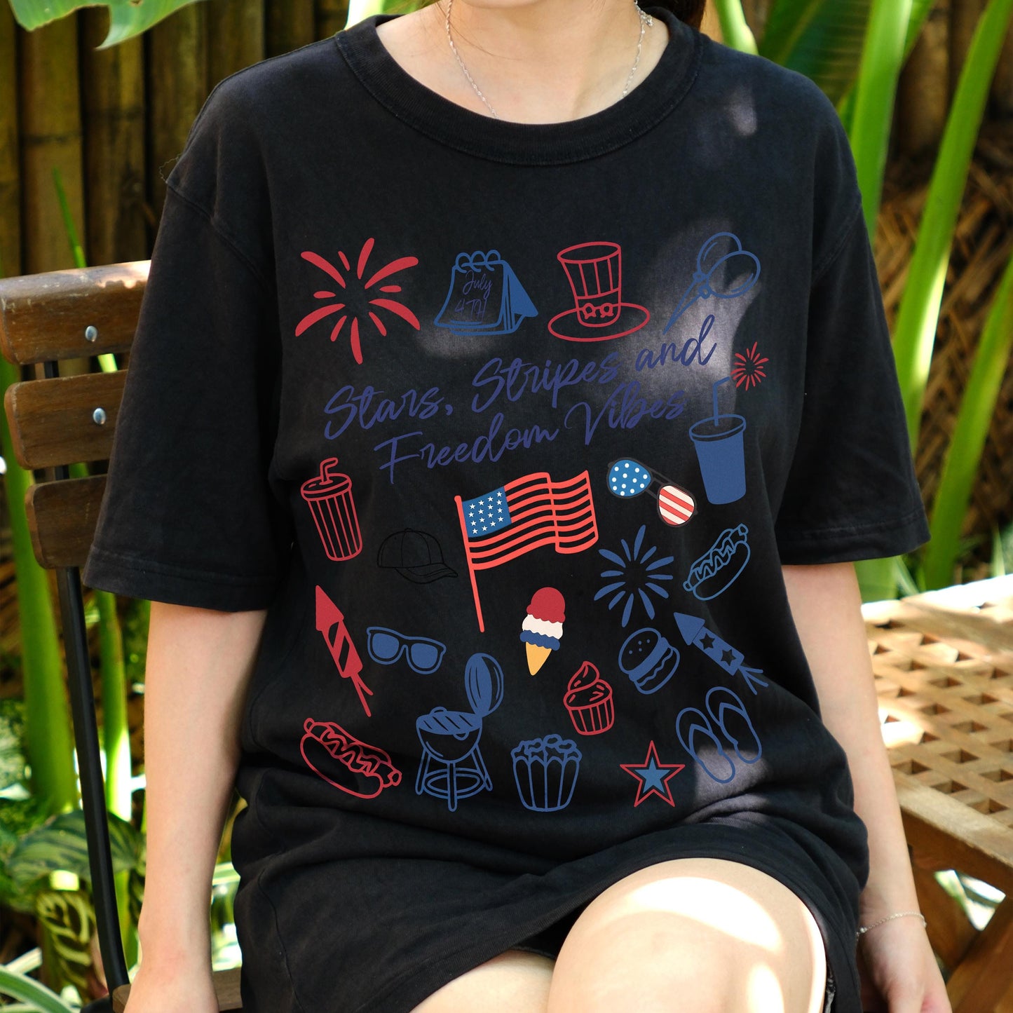 Stars Stripes and Freedom Vibes Shirt, 4th of July Graphic Tee, Patriotic Food and Fireworks Shirt, USA Independence Day T-Shirt