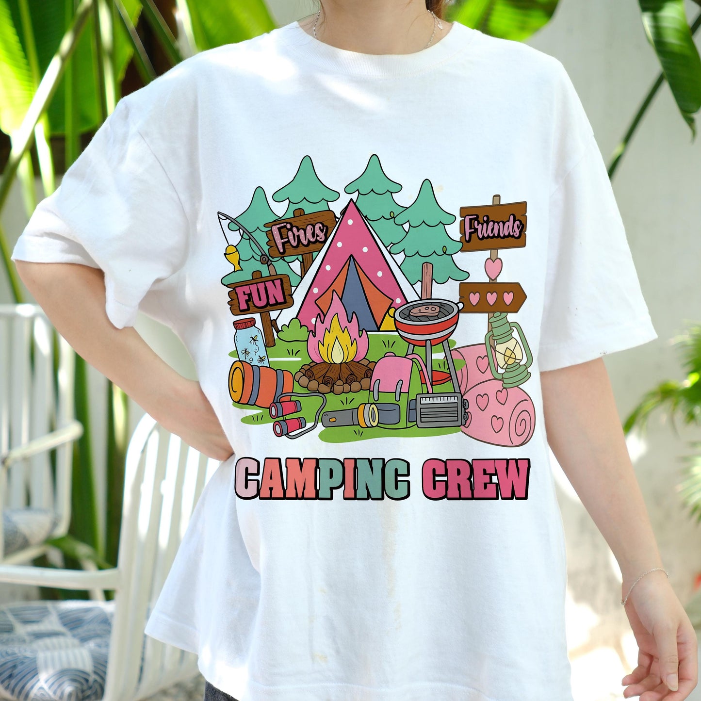 Camping Crew Shirt for Girls, Cute Tent Fire Lantern BBQ Camping T-Shirt, Friends Fun Camp Graphic Tee, Outdoors Summer Camp Shirt