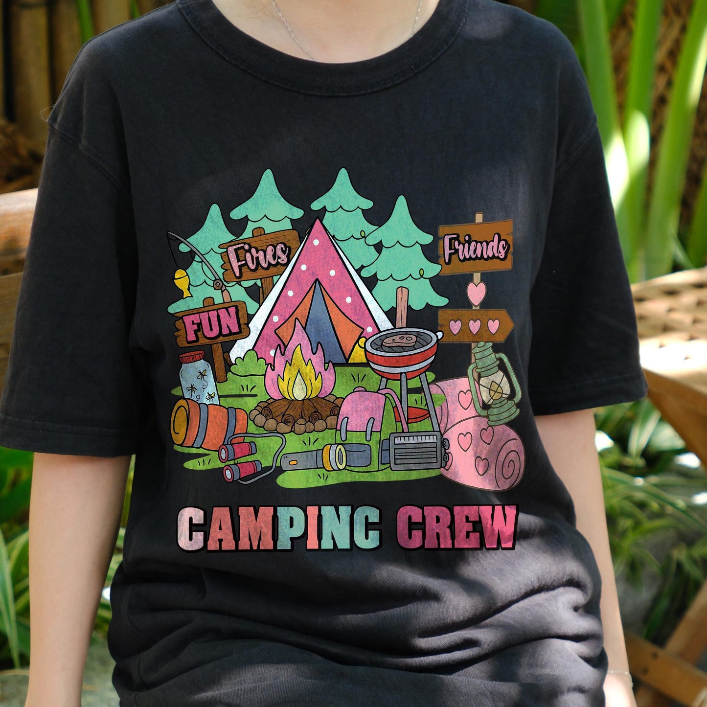 Camping Crew Shirt for Girls, Cute Tent Fire Lantern BBQ Camping T-Shirt, Friends Fun Camp Graphic Tee, Outdoors Summer Camp Shirt
