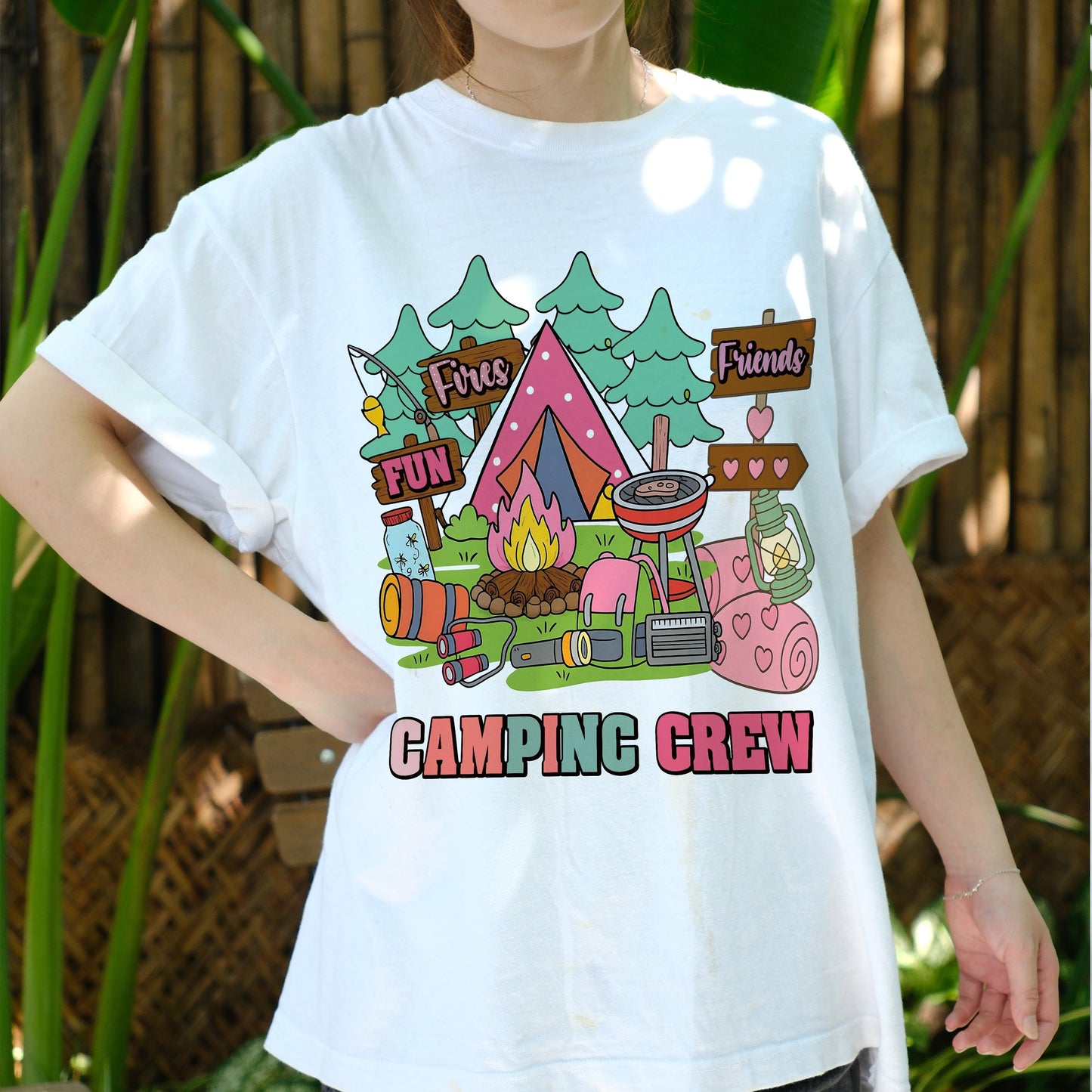 Camping Crew Shirt for Girls, Cute Tent Fire Lantern BBQ Camping T-Shirt, Friends Fun Camp Graphic Tee, Outdoors Summer Camp Shirt