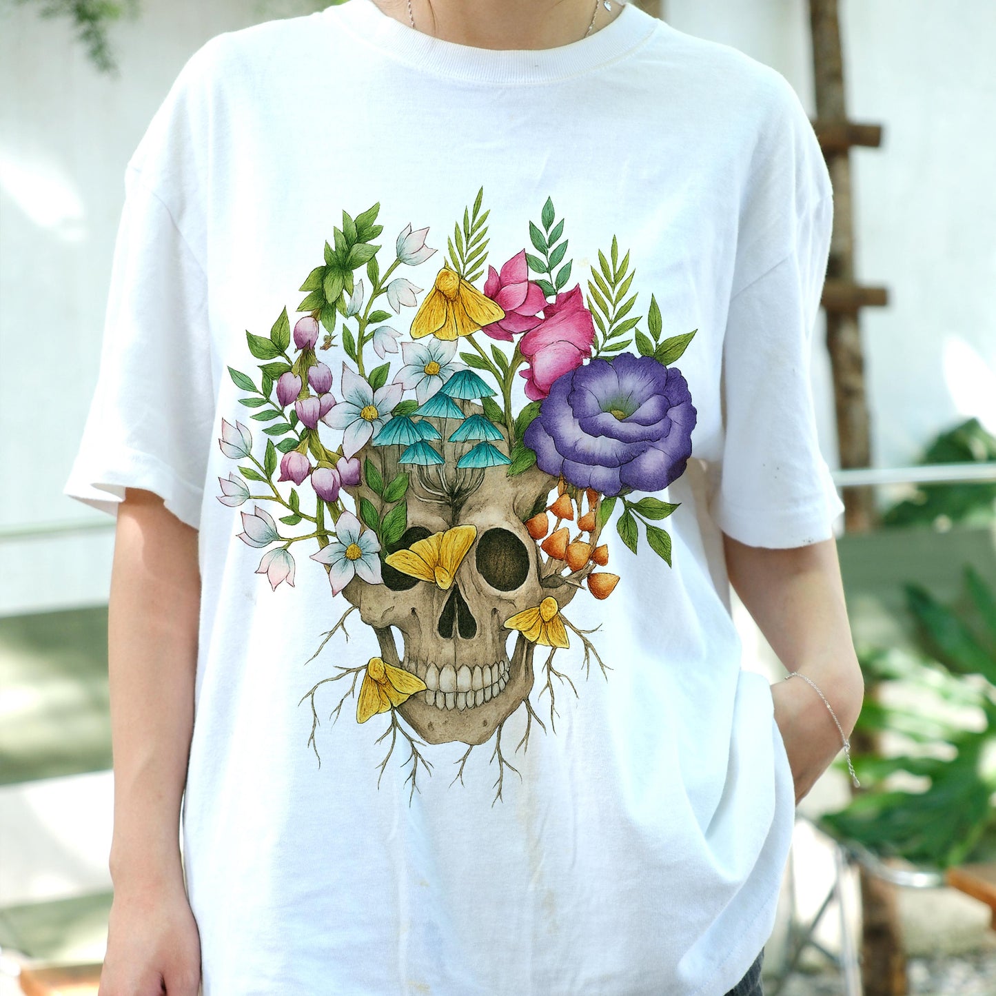 Floral Skull Shirt, Gothic Botanical Skull T-Shirt, Vintage Flowers and Mushrooms Tee, Dark Aesthetic Boho Nature Art Gift Tee