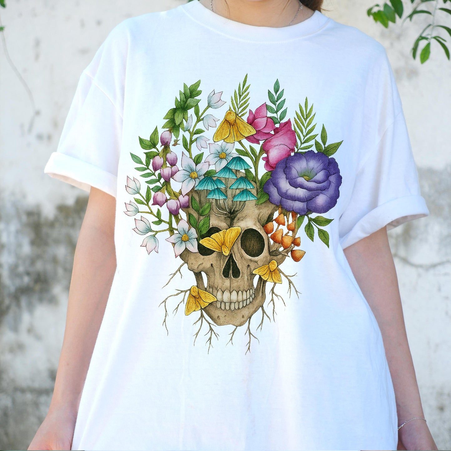 Floral Skull Shirt, Gothic Botanical Skull T-Shirt, Vintage Flowers and Mushrooms Tee, Dark Aesthetic Boho Nature Art Gift Tee