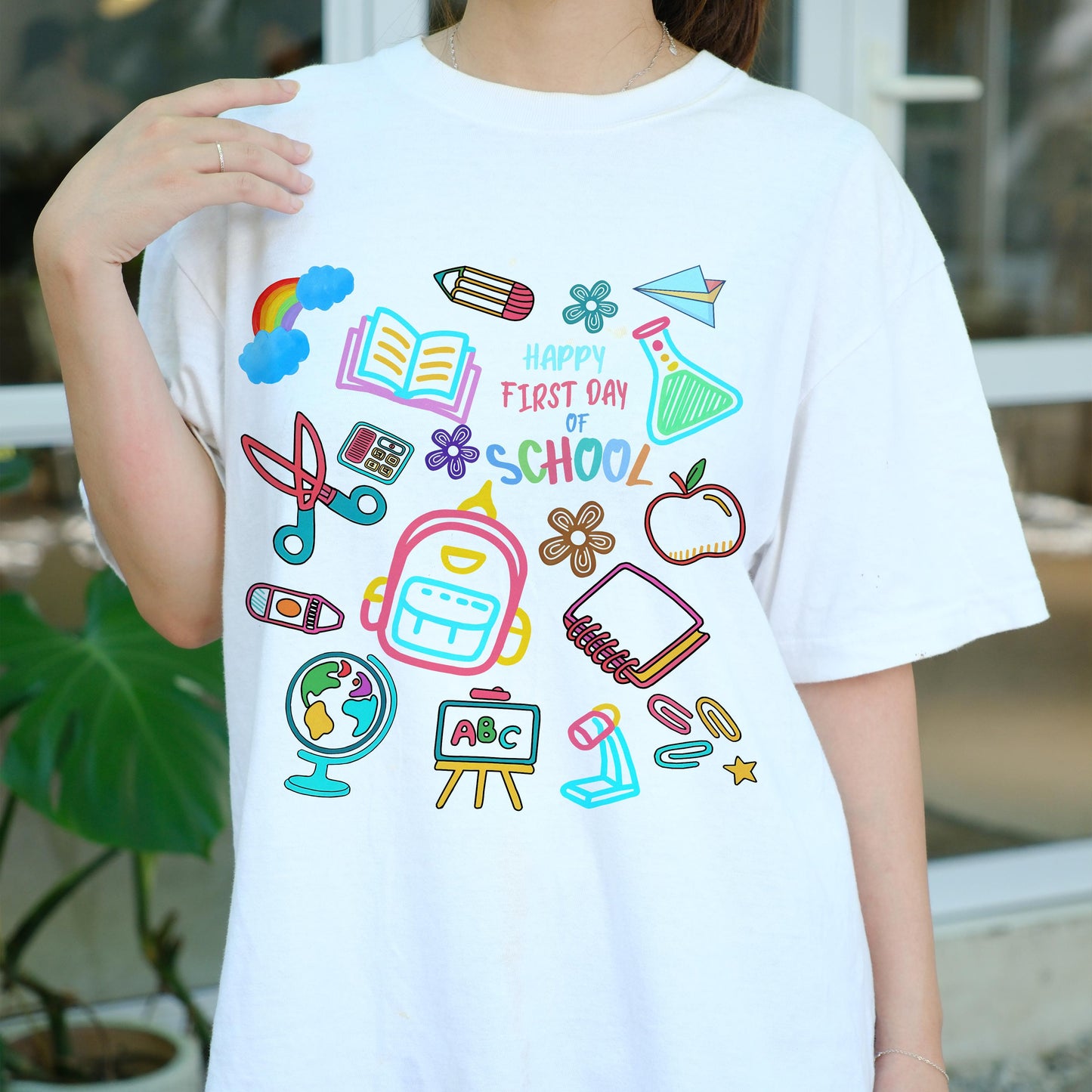 Happy First Day of School Shirt, Back to School Tee with Cute School Supplies Graphic, Teacher Student Gift, Kids Classroom T-Shirt