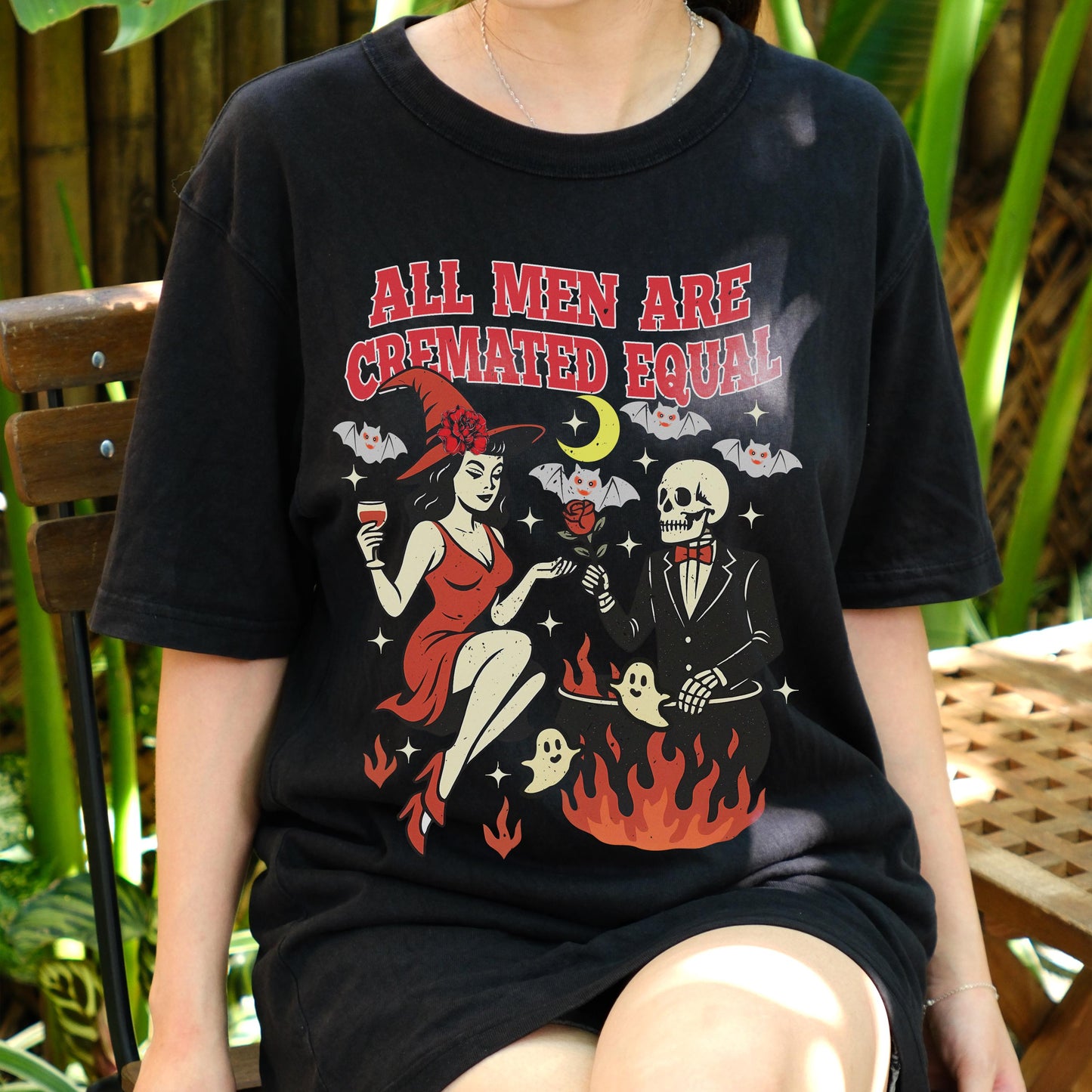 All Men Are Cremated Equal Shirt, Witchy Feminist Dark Humor Tee, Halloween Retro Skeleton T-Shirt, Funny Spooky Girl Power Graphic Tee