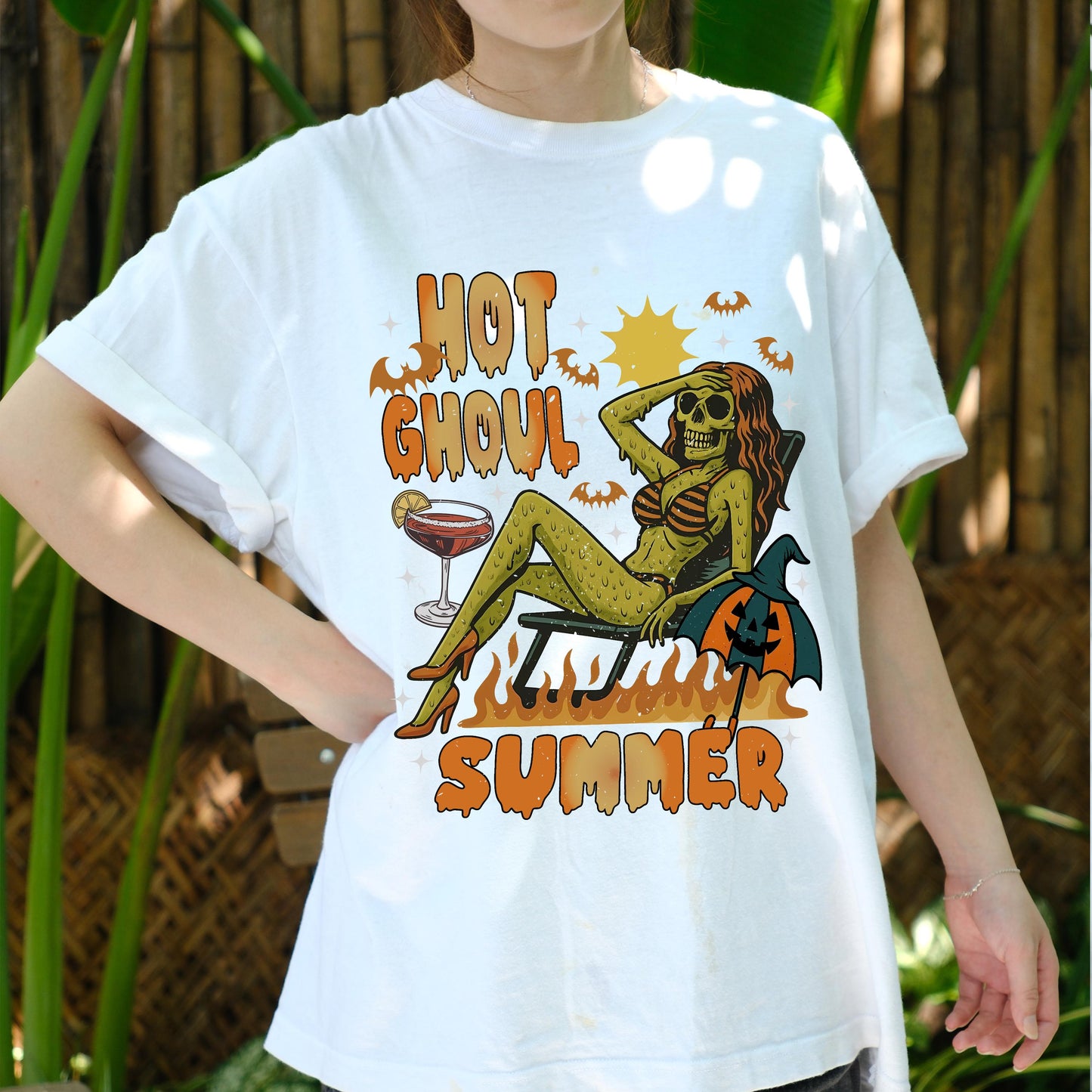 Hot Ghoul Summer Shirt, Spooky Babe Halloween Beach Tee, Funny Sexy Ghoul Graphic T-Shirt, Retro Skeleton Girl Summerween Vibes Top