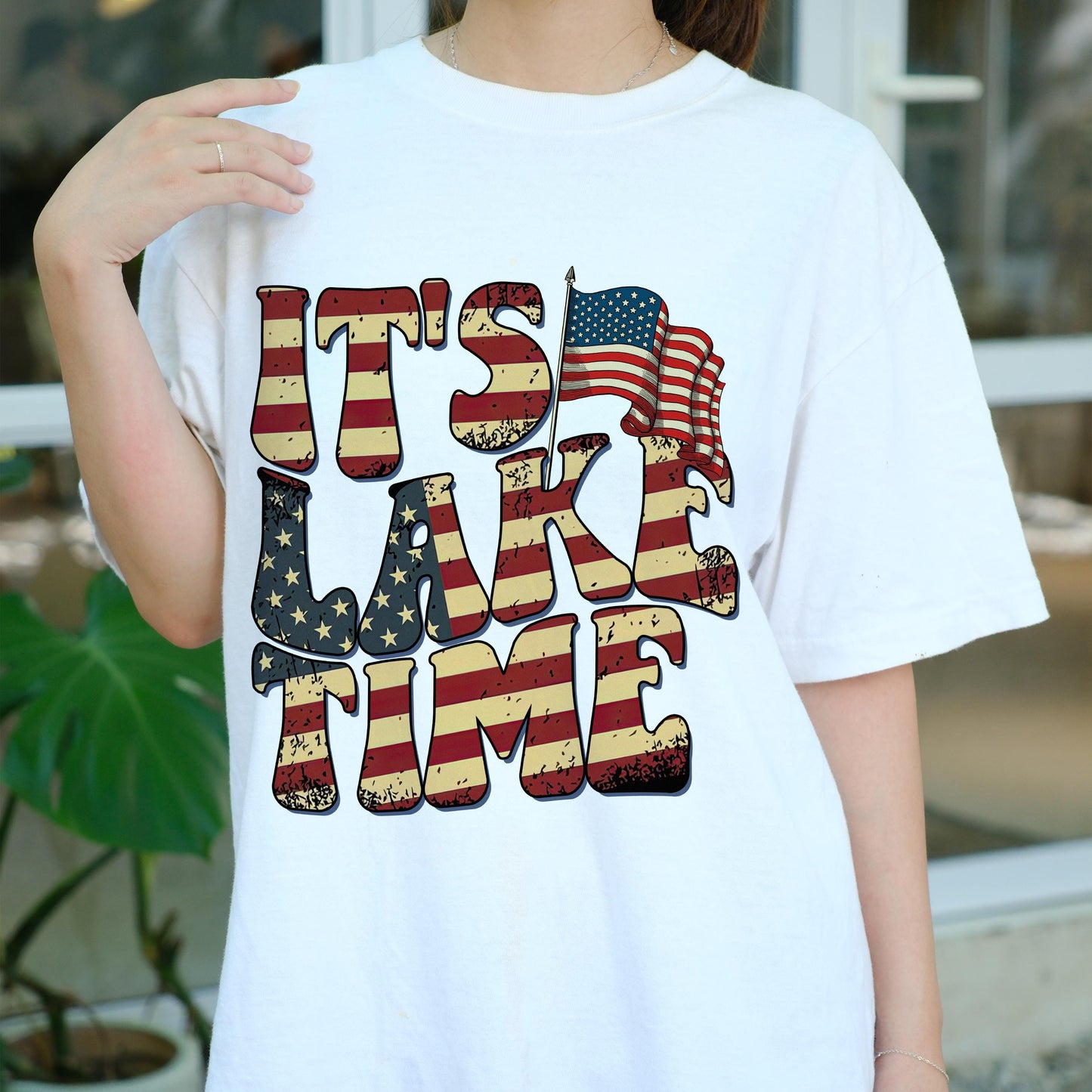 It’s Lake Time Shirt, Patriotic American Flag Lake Tee, Summer Lake Life Graphic T-Shirt, 4th of July Boating Top, Retro USA Vacation Tee