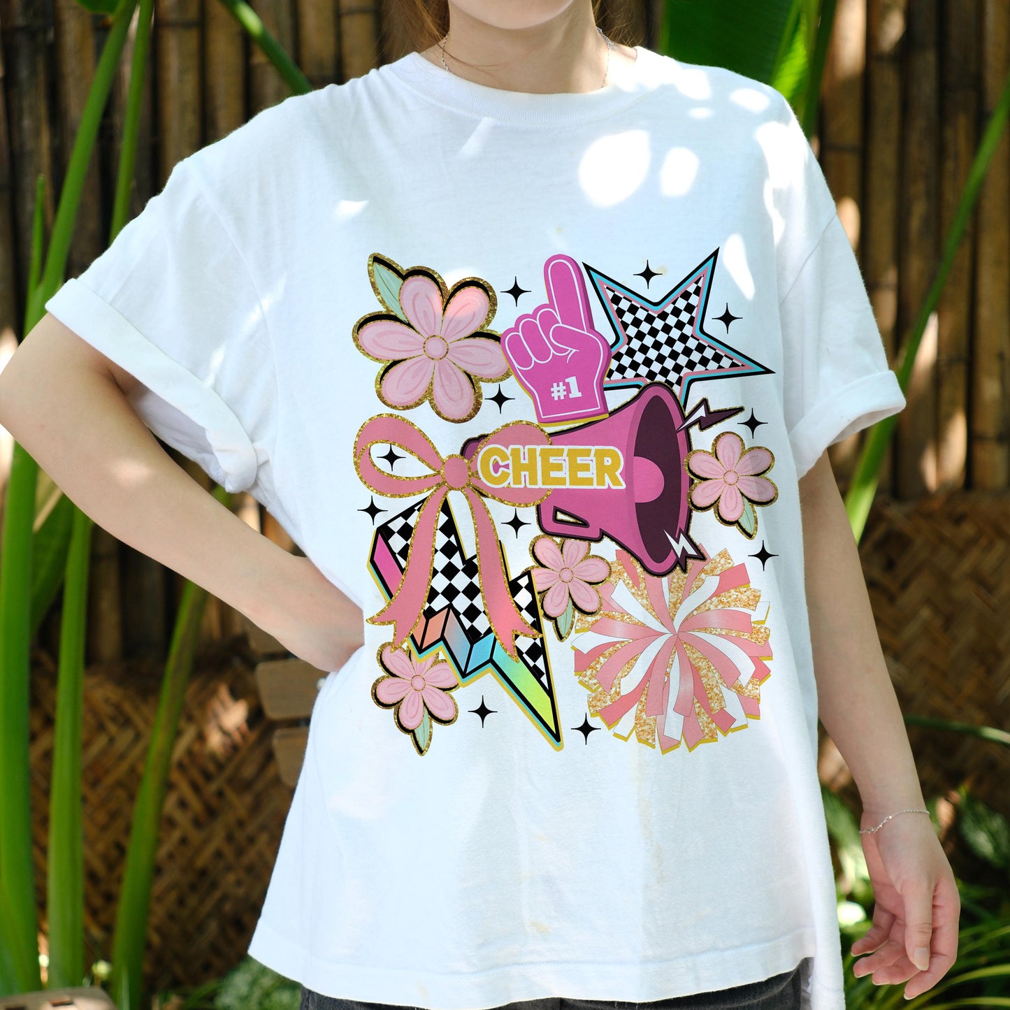 Cheerleader T-Shirt, Retro Cheer Squad Shirt, Pink Pom Pom Tee, Cute Spirit Wear, Cheer Mom Gift, Cheerleading Graphic Top