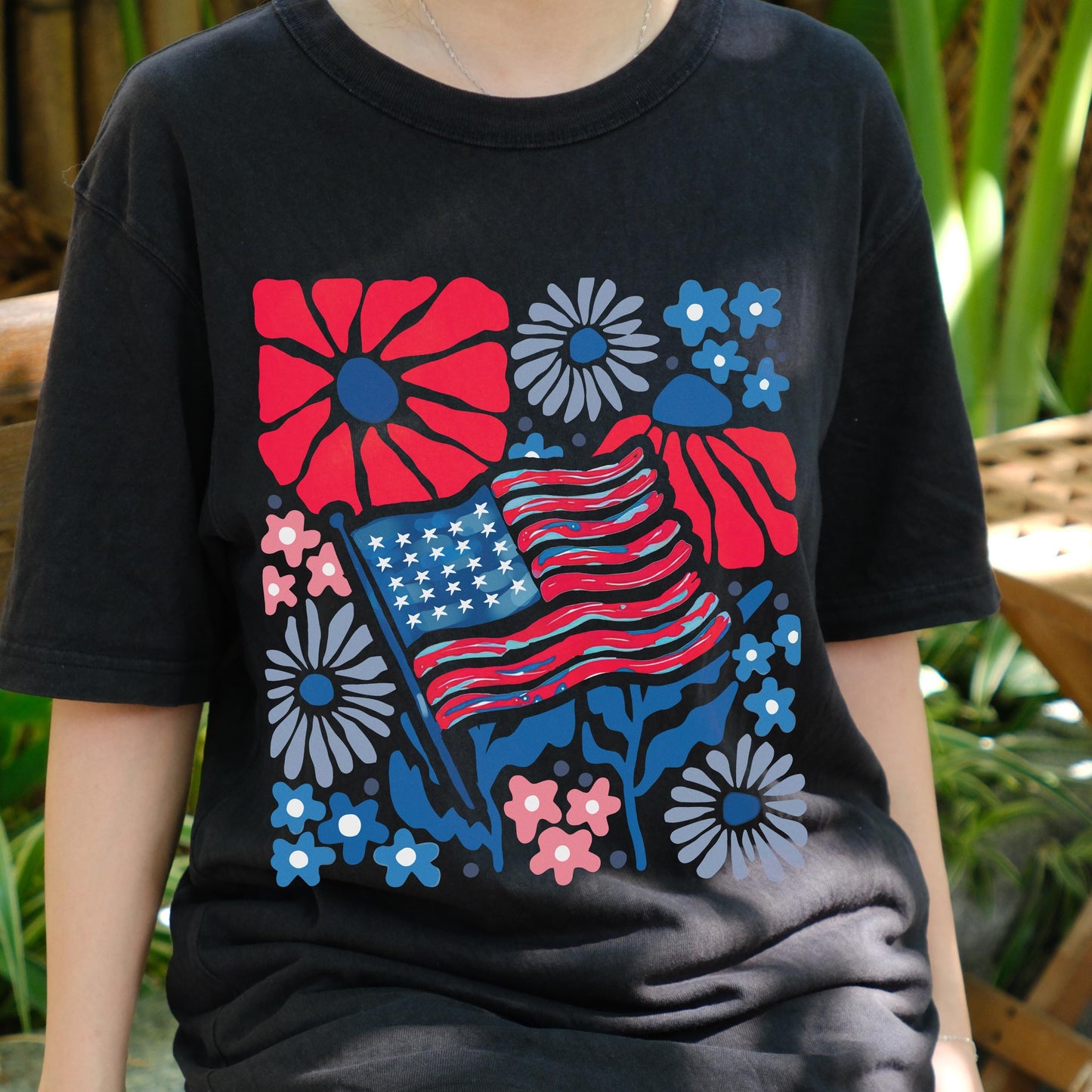 Patriotic Flower Flag Shirt, 4th of July Tee, American Flag Floral T-Shirt, Independence Day Top, USA Summer Shirt, Memorial Day Gift