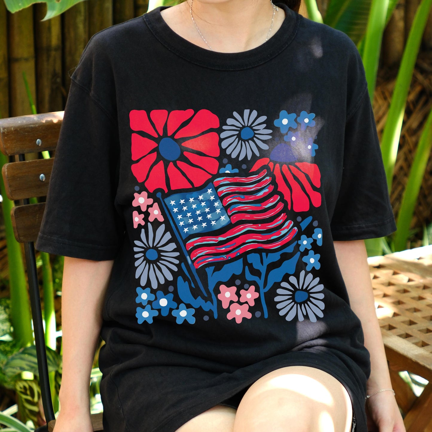 Patriotic Flower Flag Shirt, 4th of July Tee, American Flag Floral T-Shirt, Independence Day Top, USA Summer Shirt, Memorial Day Gift