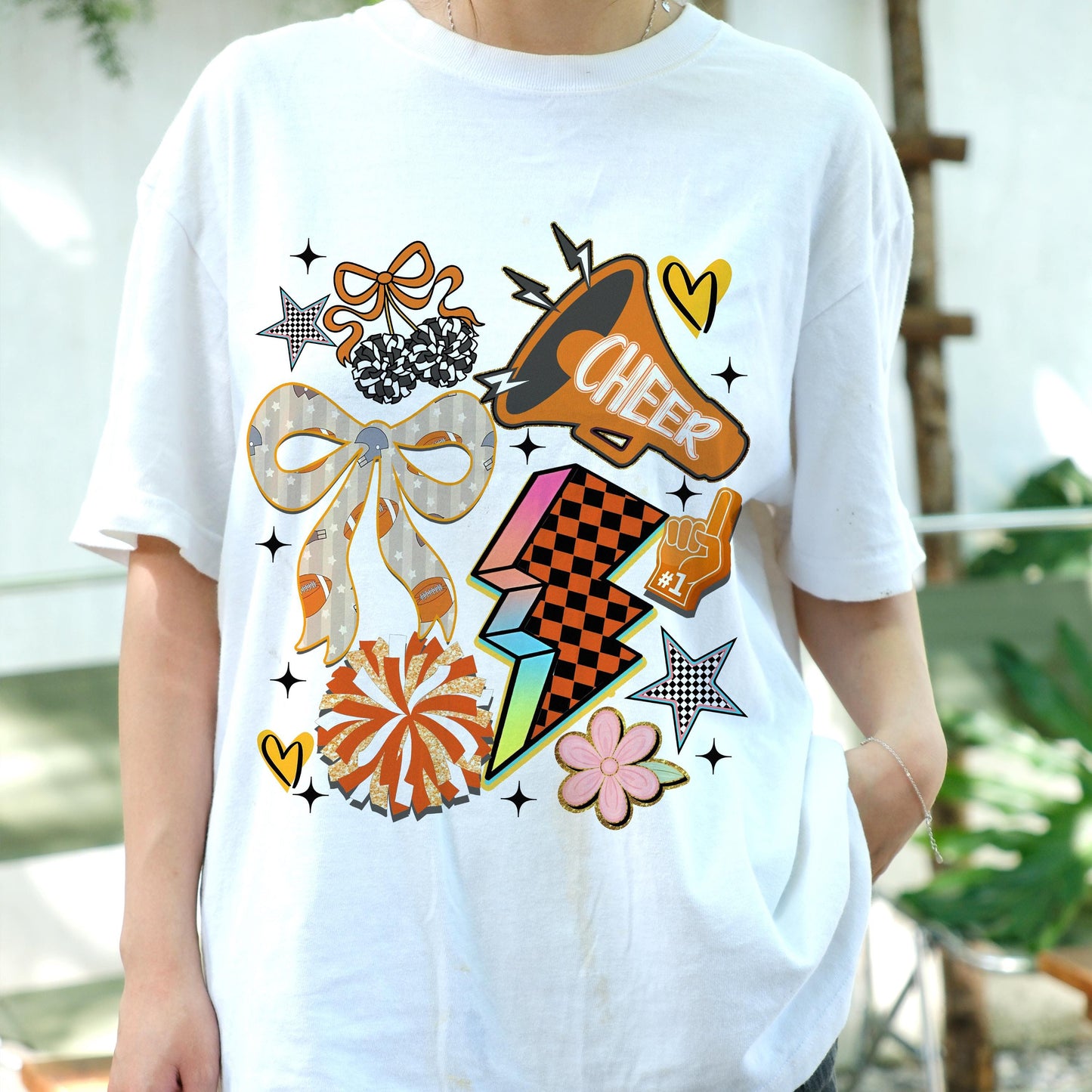Retro Cheerleading Shirt, Cheer Squad Tee, Cheerleader Graphic T-Shirt, Game Day Spirit Wear, Pom Pom Bow Megaphone Top
