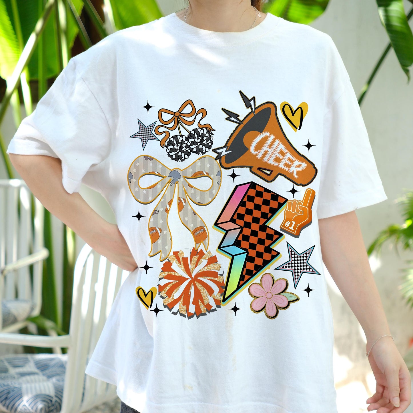 Retro Cheerleading Shirt, Cheer Squad Tee, Cheerleader Graphic T-Shirt, Game Day Spirit Wear, Pom Pom Bow Megaphone Top