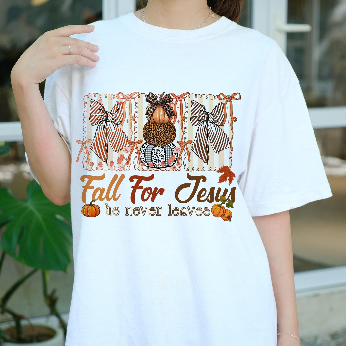 Fall For Jesus Shirt, Christian Pumpkin Tee, Faith Autumn T-Shirt, Religious Fall Graphic Tee, He Never Leaves, Church Outfit