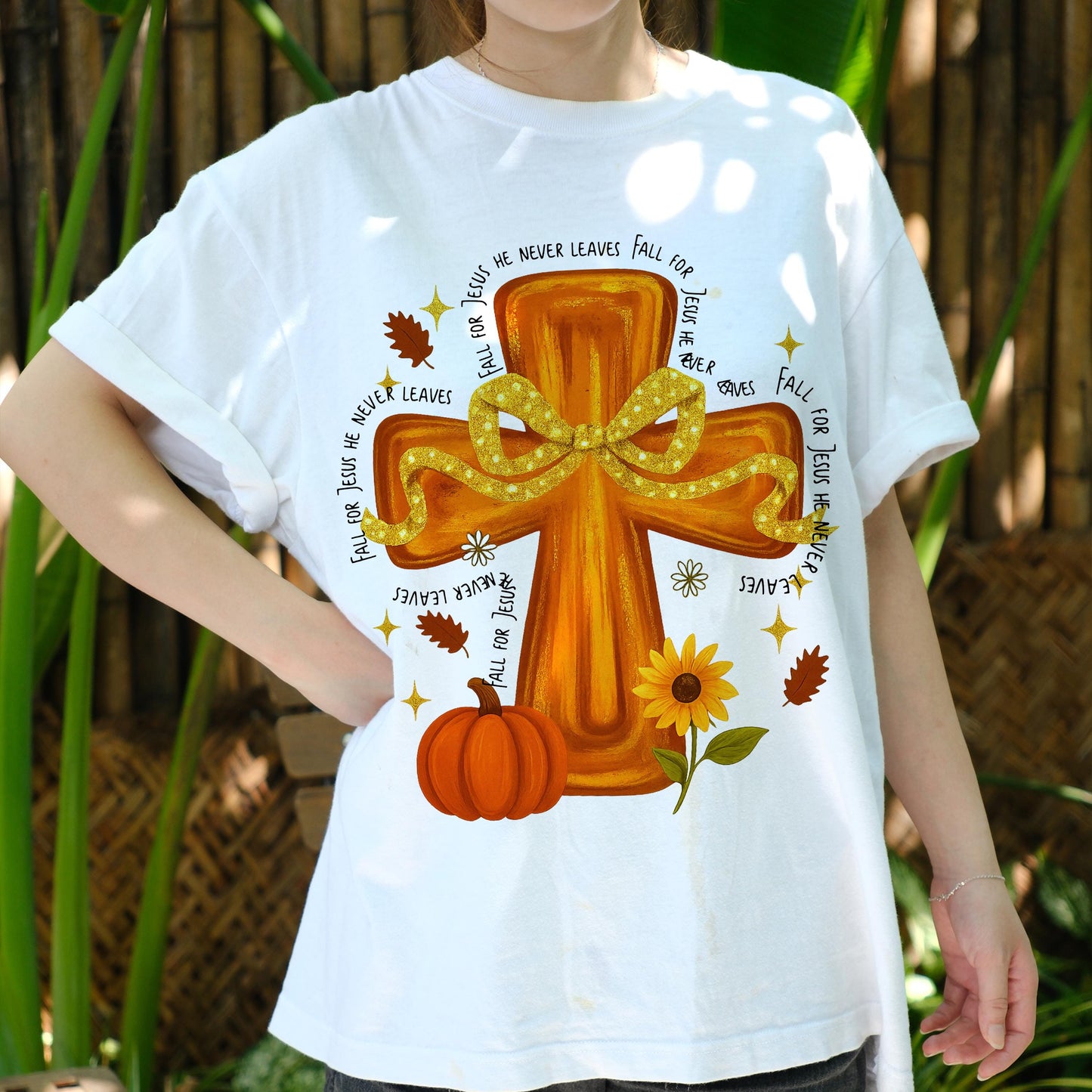 Fall For Jesus Shirt, He Never Leaves Tee, Christian Cross Pumpkin T-Shirt, Autumn Faith Top, Religious Fall Graphic Tee