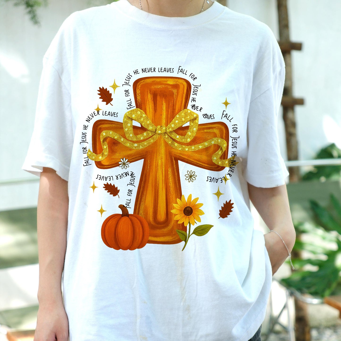 Fall For Jesus Shirt, He Never Leaves Tee, Christian Cross Pumpkin T-Shirt, Autumn Faith Top, Religious Fall Graphic Tee