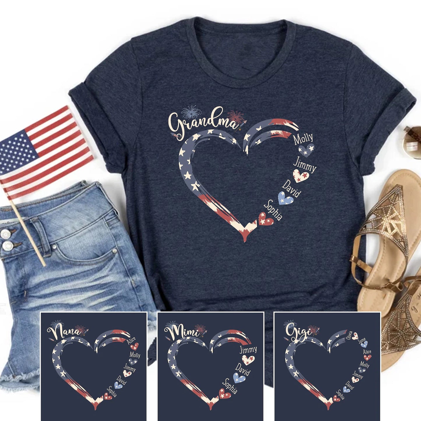 Grandma USA Flag With Grandkids Shirt, Personalized Grandma Patriotic Shirt, 4th July Nana Shirt, Mother's Day Gift, Mama Shirt