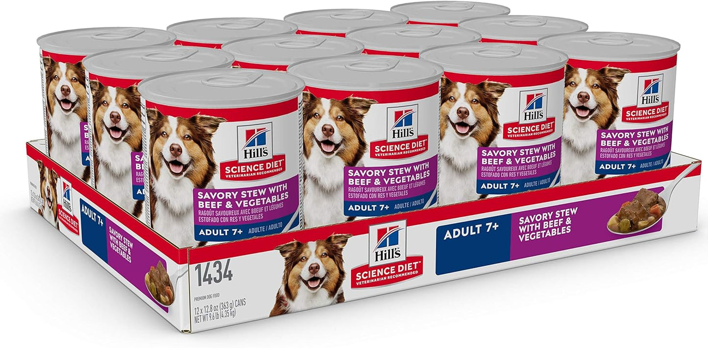 Hill's Science Diet Senior 7+ Canned Dog Food, Savory Stew with Beef & Vegetables, 12.8 oz. Cans, 12-Pack -  Wet Dog Food Hill's Science
