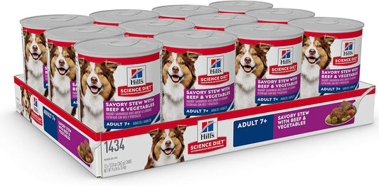 Hill's Science Diet Senior 7+ Canned Dog Food, Savory Stew with Beef & Vegetables, 12.8 oz. Cans, 12-Pack -  Wet Dog Food Hill's Science
