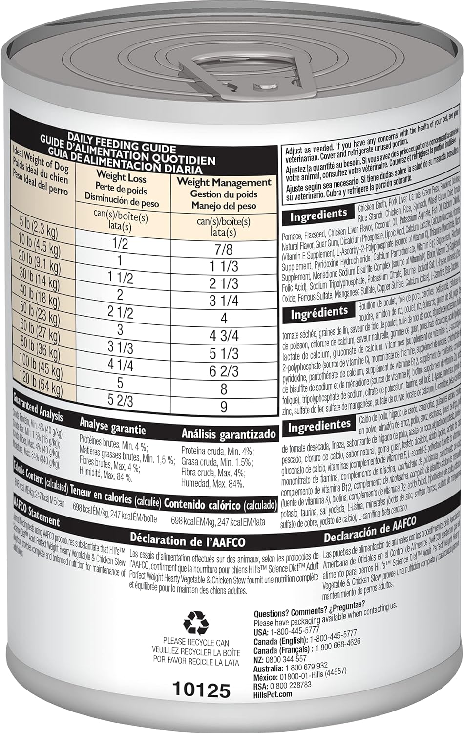 Hill's Science Diet Wet Dog Food, Adult, Perfect Weight Hearty Vegetable & Chicken Stew, 12.5 oz Cans, 12-Pack -  Wet Dog Food Hill's Science