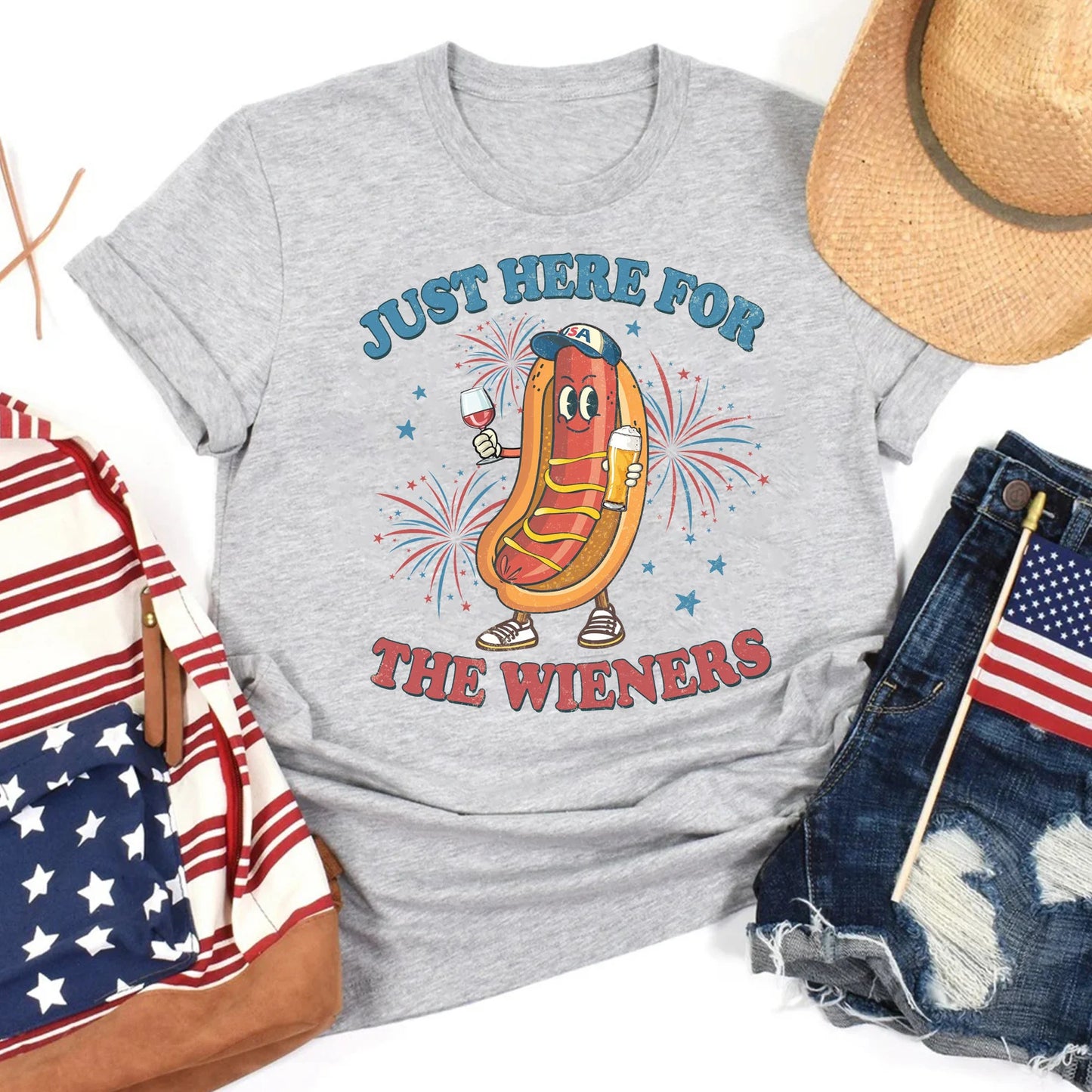 Just Here For The Wieners Shirt, Funny 4th of July, Hot Dog USA Shirt, Retro America Patriotic Shirt