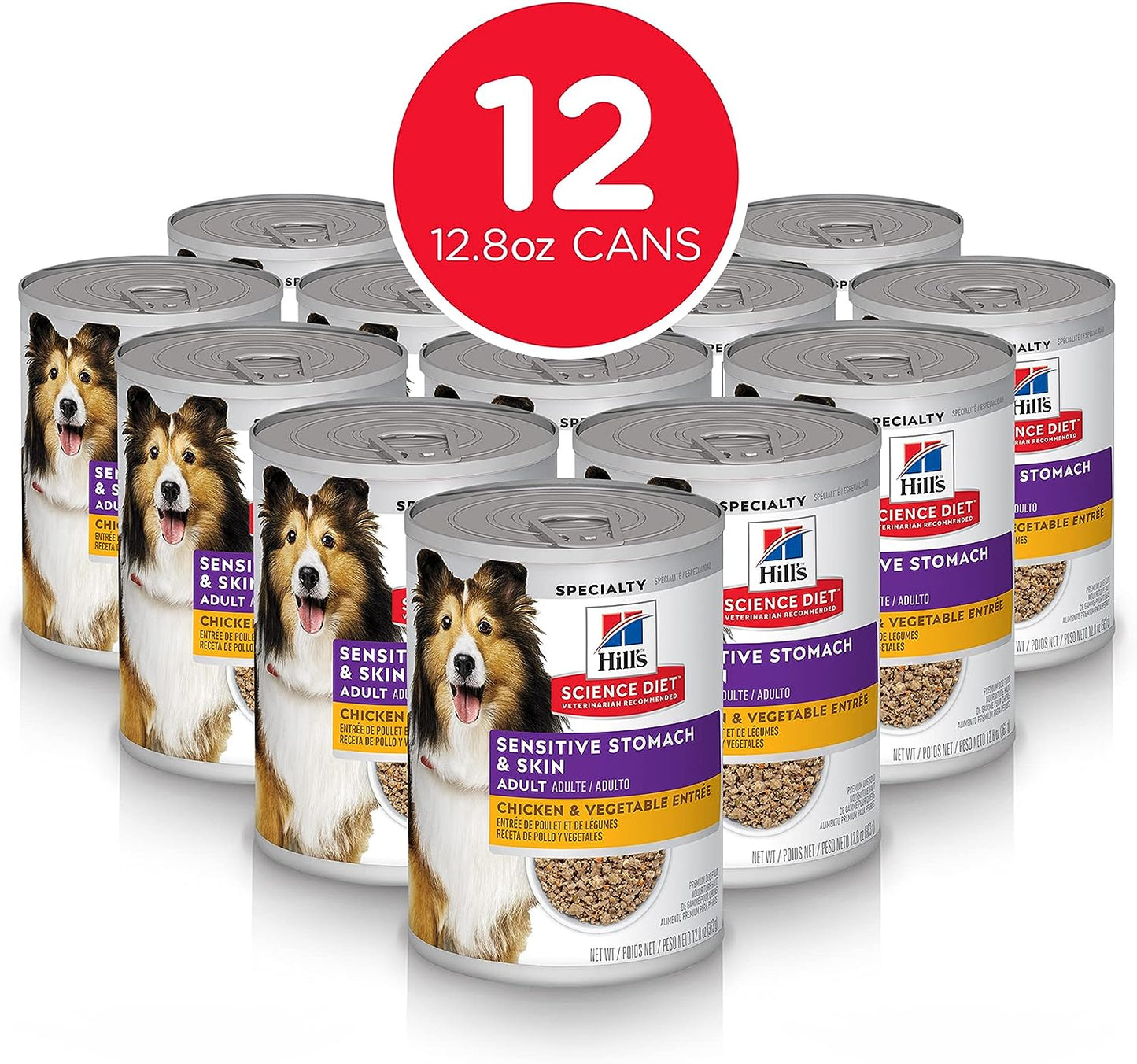 Hill's Science Diet Wet Dog Food, Adult, Sensitive Stomach & Skin, Chicken & Vegetable Entrée, 12.8 oz. Cans, 12-Pack -  Wet Dog Food Hill's Science