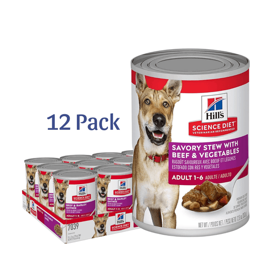 Hill's Science Diet Adult 1-6 Wet Dog Food, Savory Stew with Beef & Vegetables, 12.8 oz. Cans, 12-Pack -  Wet Dog Food Hill's Science