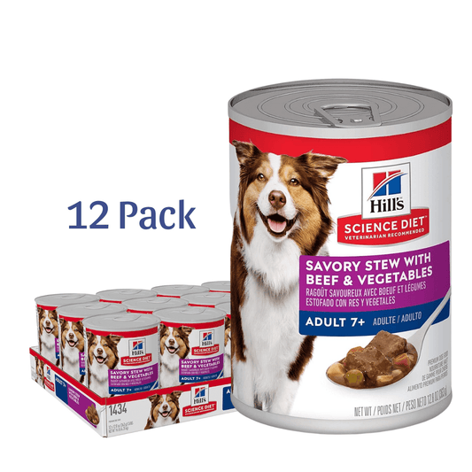 Hill's Science Diet Senior 7+ Canned Dog Food, Savory Stew with Beef & Vegetables, 12.8 oz. Cans, 12-Pack -  Wet Dog Food Hill's Science