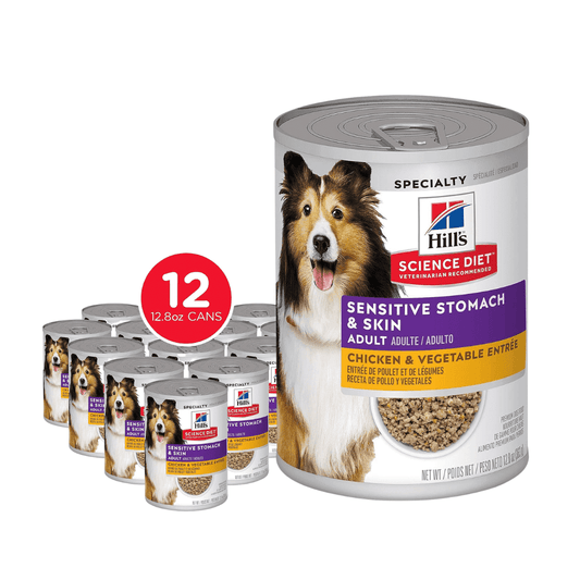 Hill's Science Diet Wet Dog Food, Adult, Sensitive Stomach & Skin, Chicken & Vegetable Entrée, 12.8 oz. Cans, 12-Pack -  Wet Dog Food Hill's Science