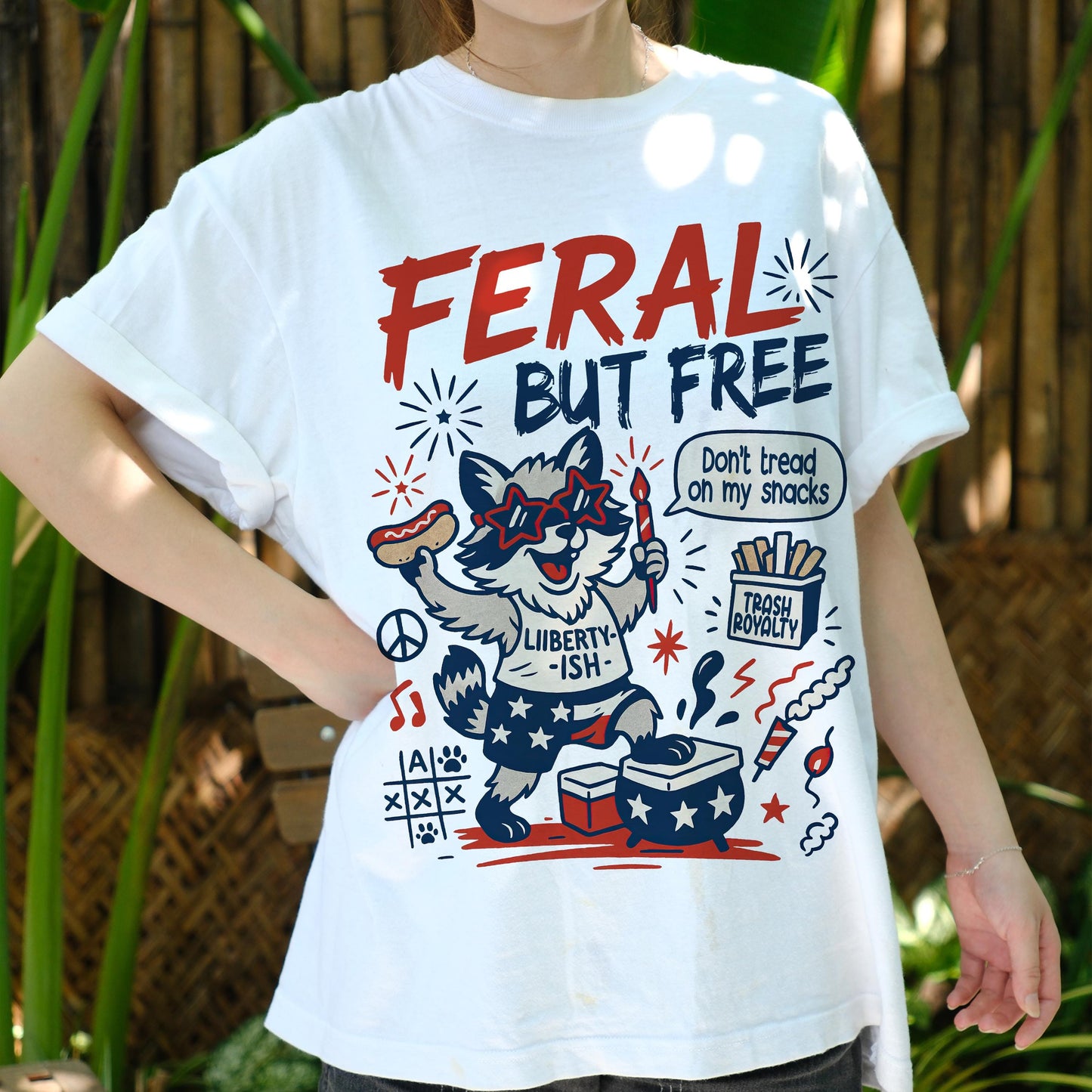 Feral But Free Raccoon Shirt, Funny 4th of July Tee, Patriotic Animal Graphic T-Shirt, Liberty-ish USA Meme Shirt, Independence Day Outfit