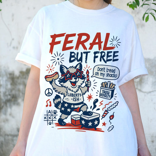 Feral But Free Raccoon Shirt, Funny 4th of July Tee, Patriotic Animal Graphic T-Shirt, Liberty-ish USA Meme Shirt, Independence Day Outfit