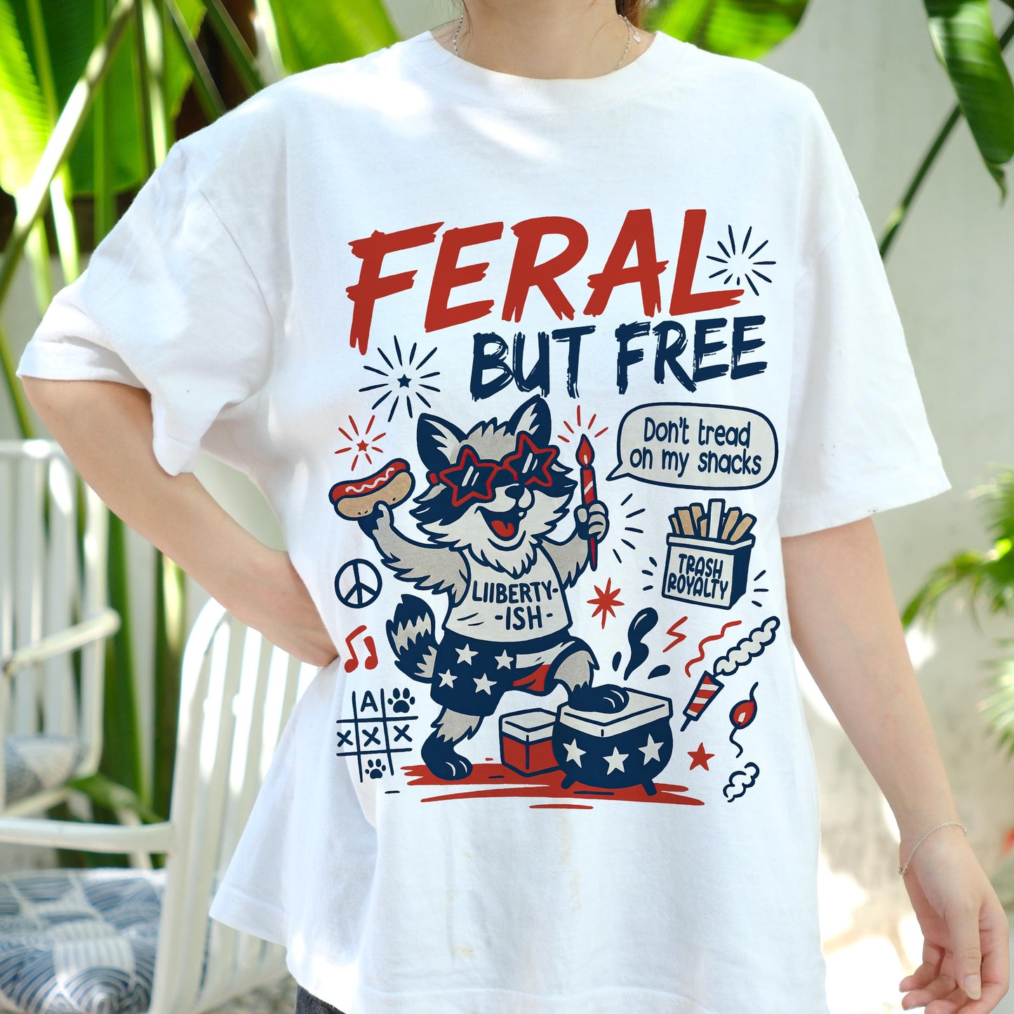 Feral But Free Raccoon Shirt, Funny 4th of July Tee, Patriotic Animal Graphic T-Shirt, Liberty-ish USA Meme Shirt, Independence Day Outfit