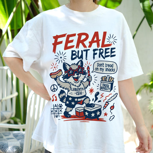 Feral But Free Raccoon Shirt, Funny 4th of July Tee, Patriotic Animal Graphic T-Shirt, Liberty-ish USA Meme Shirt, Independence Day Outfit