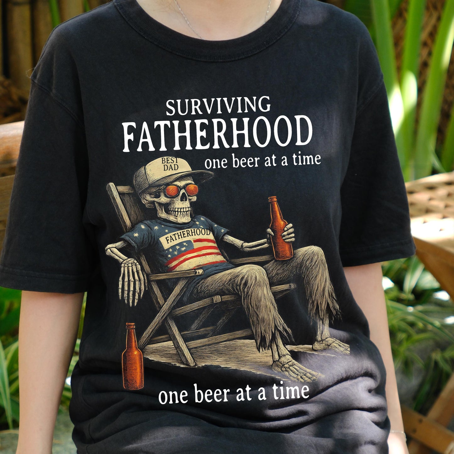 Surviving Fatherhood One Beer at a Time Shirt, Funny Dad Skeleton Tee, Patriotic Beer Lover Shirt, Best Dad Gift, 4th of July Dad Tee