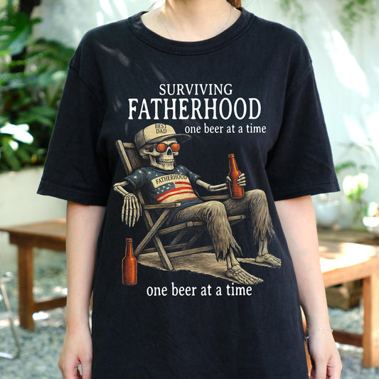 Surviving Fatherhood One Beer at a Time Shirt, Funny Dad Skeleton Tee, Patriotic Beer Lover Shirt, Best Dad Gift, 4th of July Dad Tee
