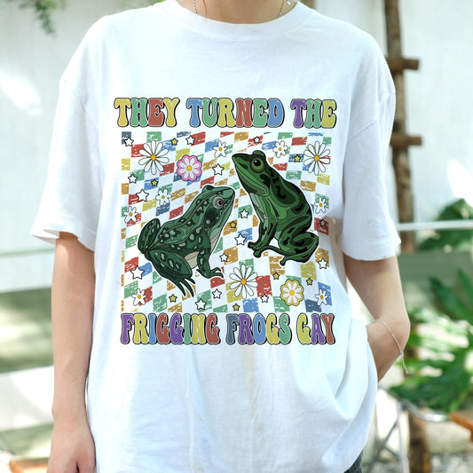They Turned the Frogs Gay Shirt, Funny Conspiracy Meme Tee, Retro Rainbow Frog T-Shirt, Queer Pride Humor Shirt, Vaporwave Aestheti
