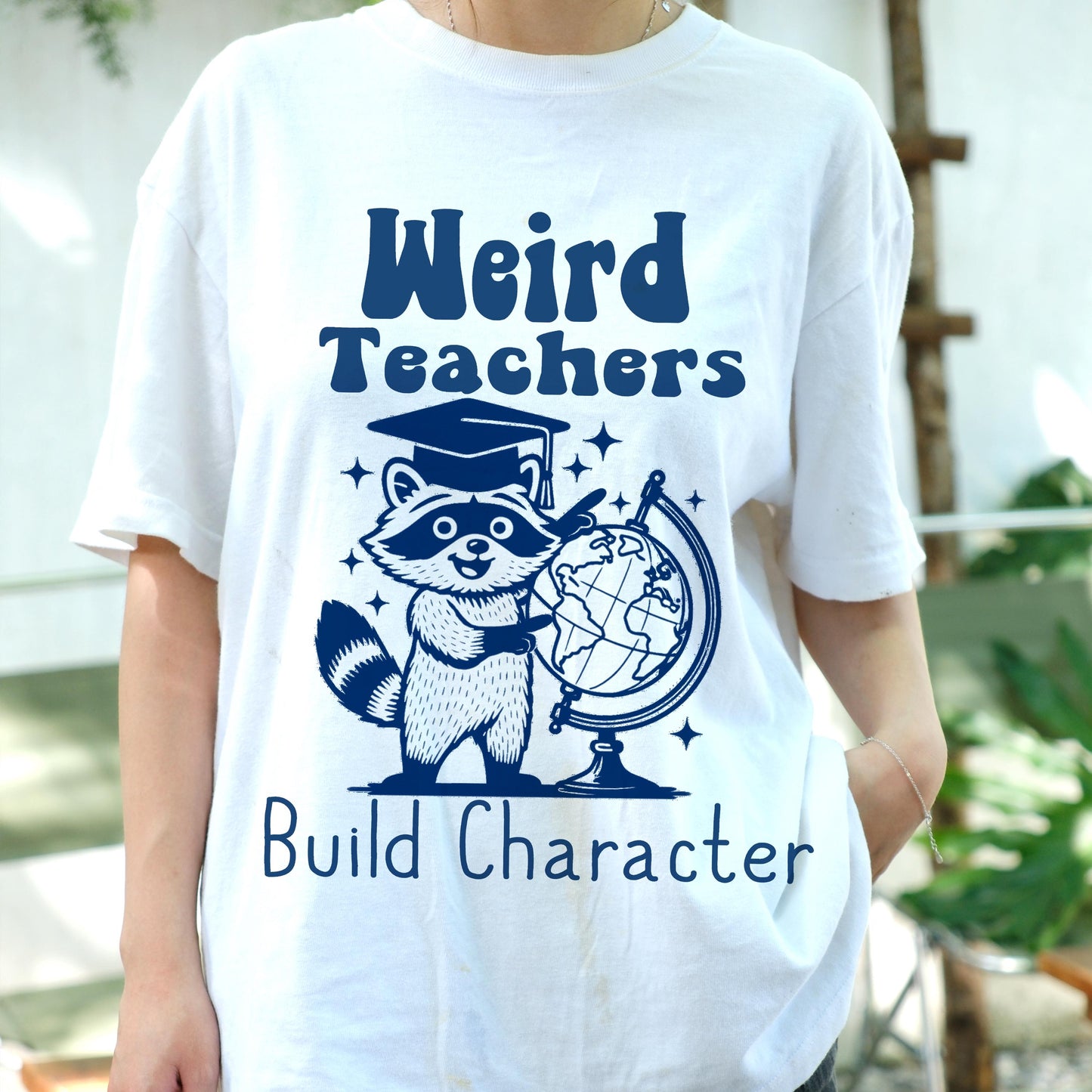 Weird Teachers Build Character Shirt, Funny Raccoon Teacher Tee, Back to School Gift, Cute Classroom Humor Shirt for Educators