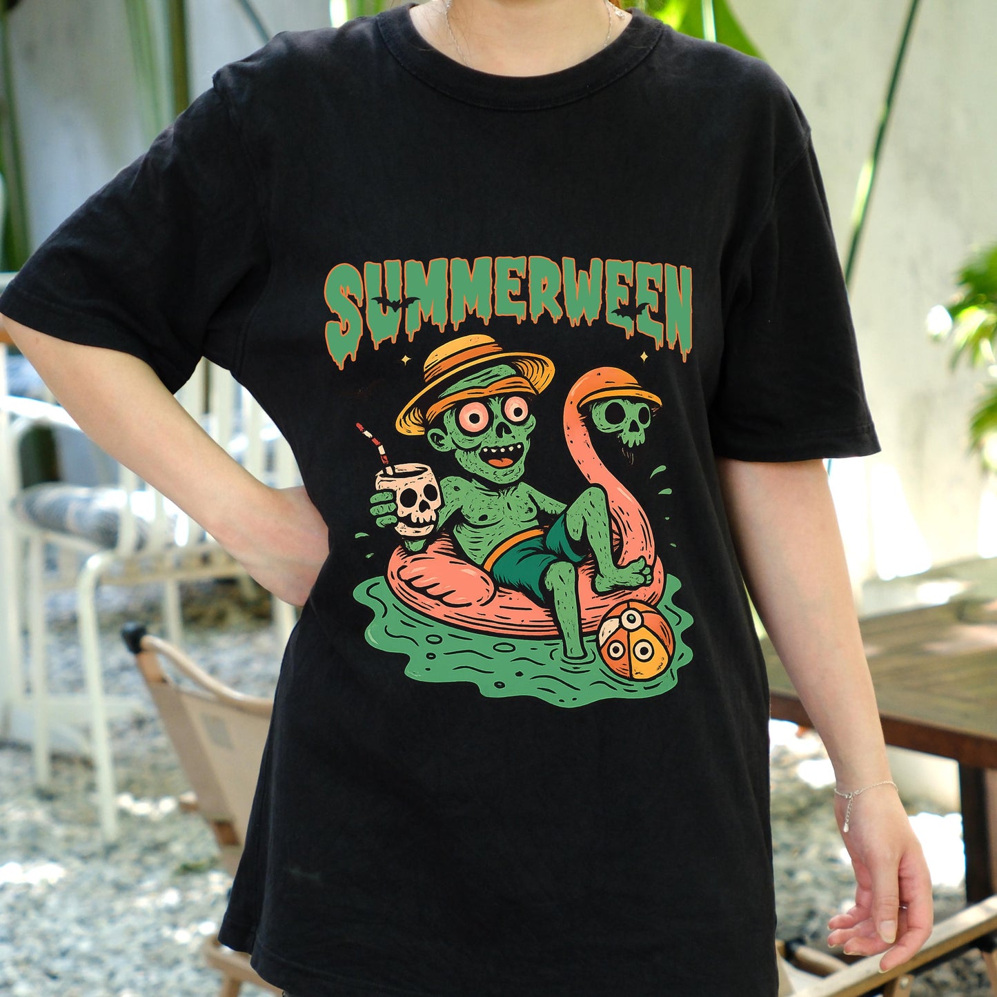 Summerween Shirt, Funny Halloween in Summer Tee, Zombie Pool Float T-Shirt, Spooky Beach Vibes Unisex Graphic Tee, Creepy Cute Top