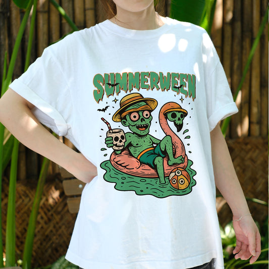 Summerween Shirt, Funny Halloween in Summer Tee, Zombie Pool Float T-Shirt, Spooky Beach Vibes Unisex Graphic Tee, Creepy Cute Top