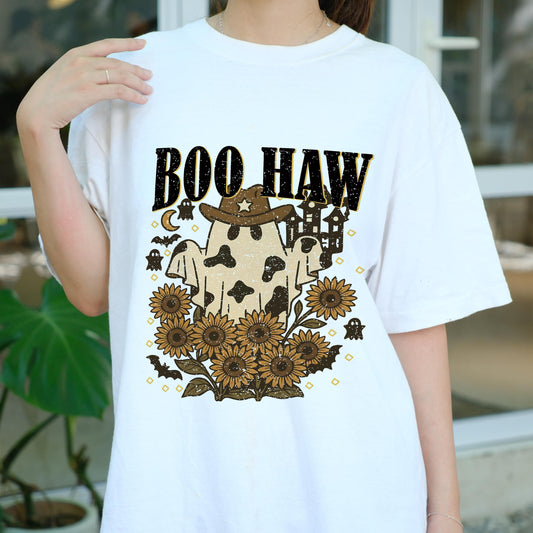 Boo Haw Shirt, Western Ghost Halloween Tee, Spooky Cow Print Ghost Shirt, Sunflower Fall Cowgirl T-Shirt, Retro Country Halloween Top