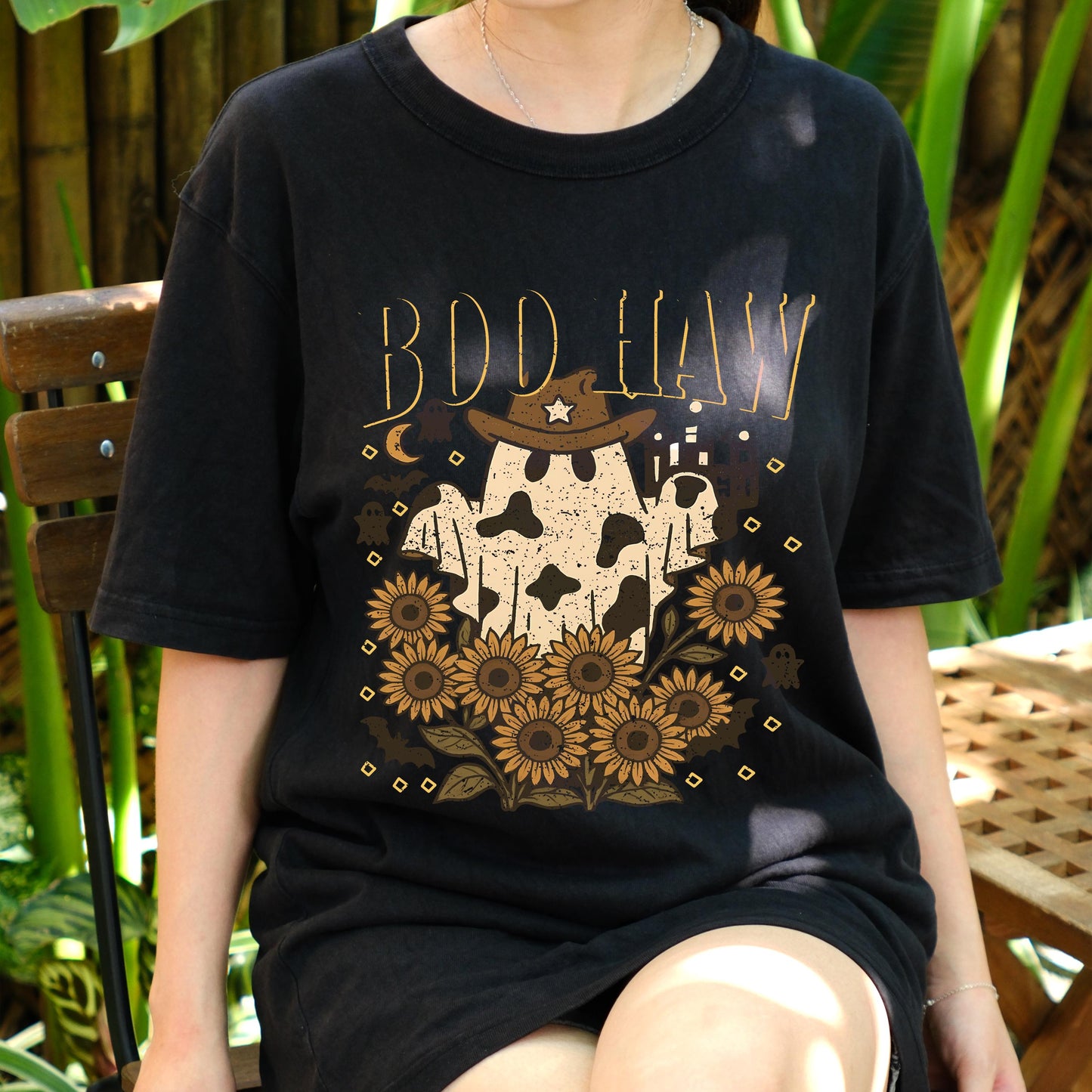 Boo Haw Shirt, Western Ghost Halloween Tee, Spooky Cow Print Ghost Shirt, Sunflower Fall Cowgirl T-Shirt, Retro Country Halloween Top
