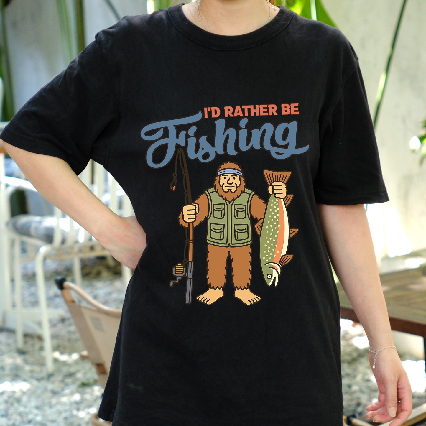 I'd Rather Be Fishing Bigfoot Shirt, Funny Fisherman Tee for Men, Sasquatch Holding Fish Graphic T-shirt, Outdoors Lake Fishing Gift