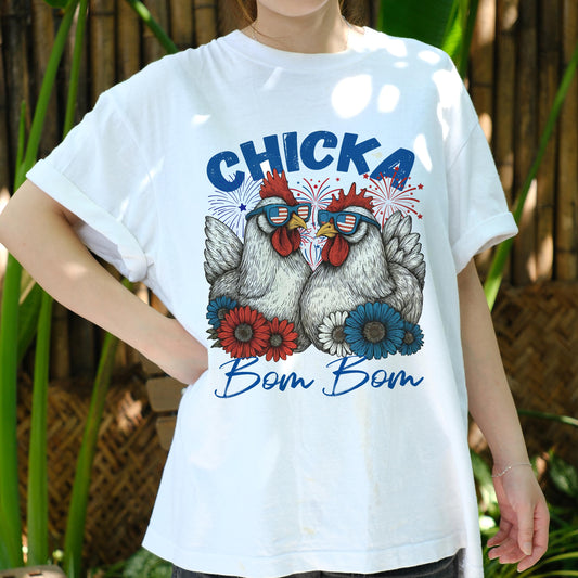 Chicka Bom Bom Chicken Shirt, Patriotic Chicken 4th of July Tee, Funny Farm Animal T-Shirt, USA Celebration Graphic Tee for Women Men