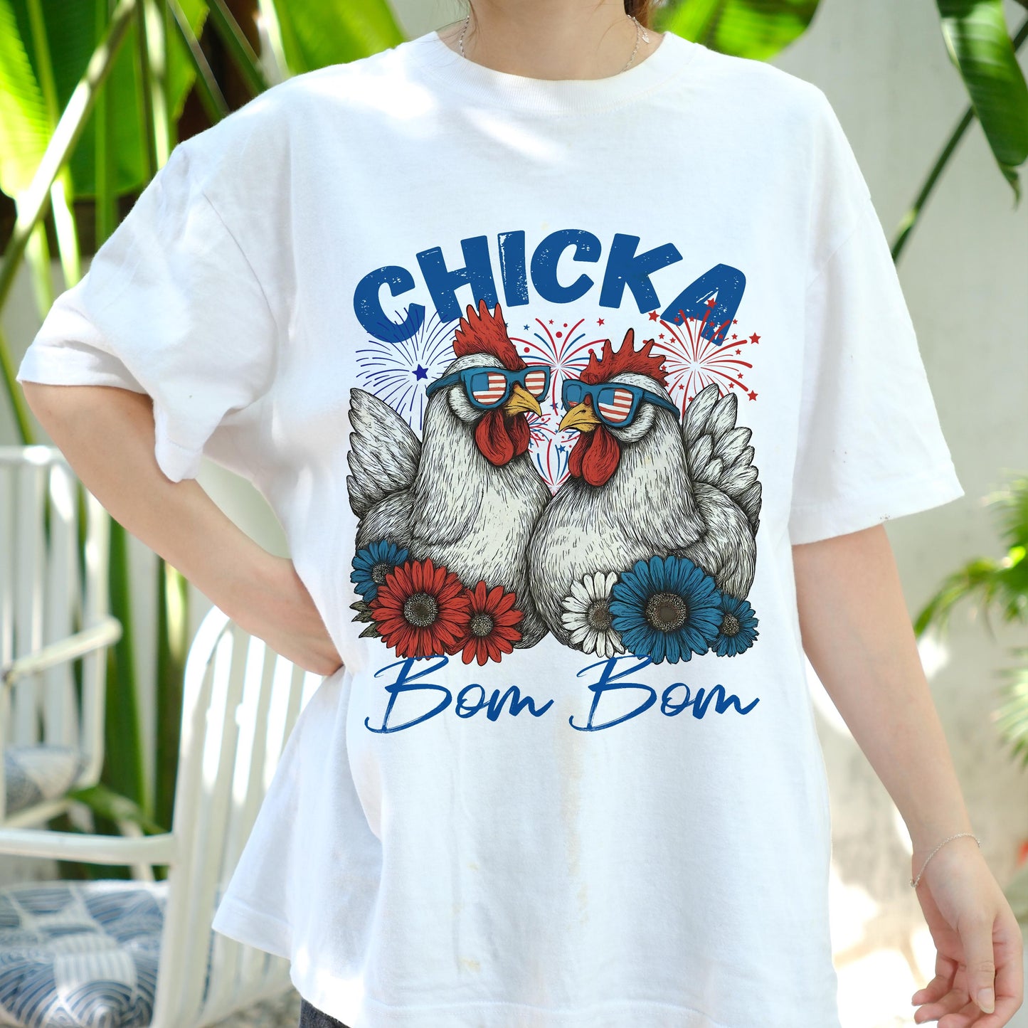 Chicka Bom Bom Chicken Shirt, Patriotic Chicken 4th of July Tee, Funny Farm Animal T-Shirt, USA Celebration Graphic Tee for Women Men