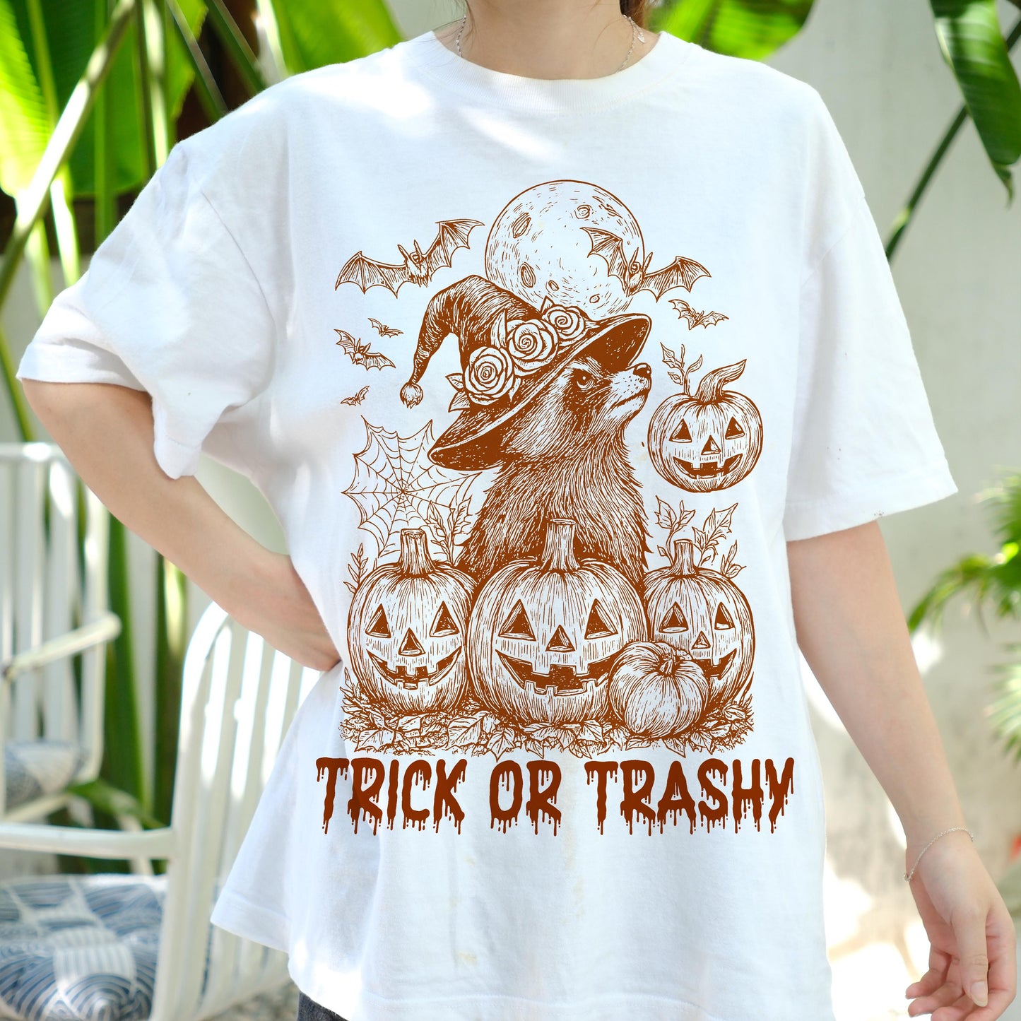 Trick or Trashy Raccoon Halloween Shirt, Funny Witch Pumpkin Tee, Spooky Trash Panda T-Shirt, Cute Fall Costume Party Gift Top
