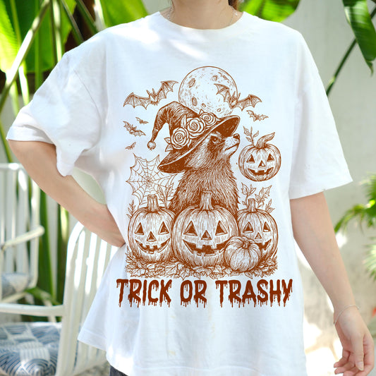 Trick or Trashy Raccoon Halloween Shirt, Funny Witch Pumpkin Tee, Spooky Trash Panda T-Shirt, Cute Fall Costume Party Gift Top
