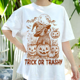 Trick or Trashy Raccoon Halloween Shirt, Funny Witch Pumpkin Tee, Spooky Trash Panda T-Shirt, Cute Fall Costume Party Gift Top