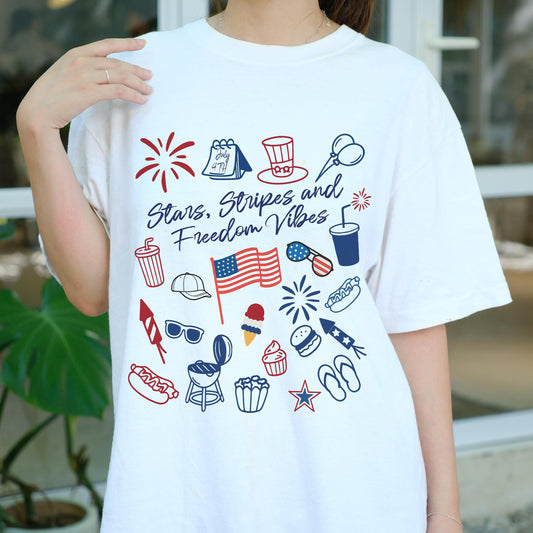 Stars Stripes and Freedom Vibes Shirt, 4th of July Graphic Tee, Patriotic Food and Fireworks Shirt, USA Independence Day T-Shirt