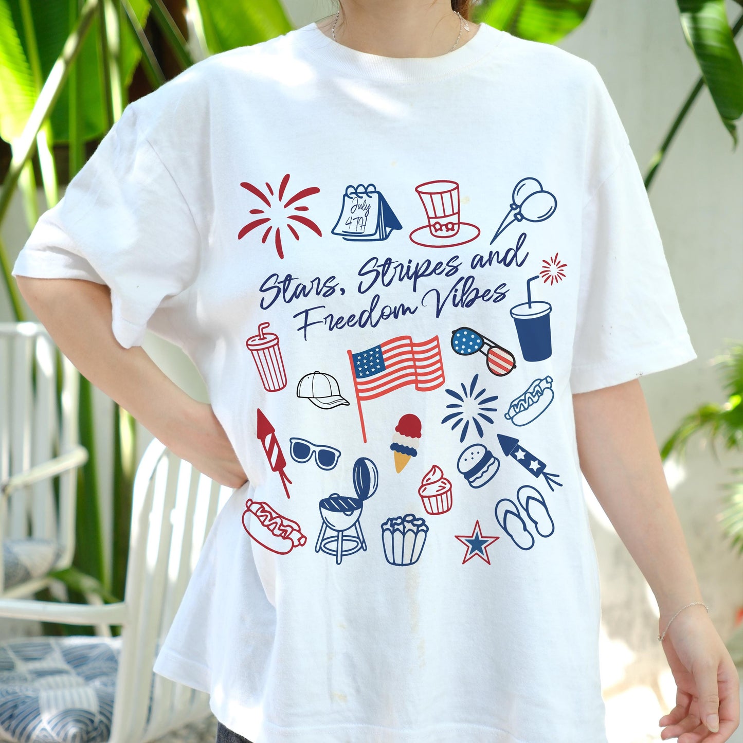 Stars Stripes and Freedom Vibes Shirt, 4th of July Graphic Tee, Patriotic Food and Fireworks Shirt, USA Independence Day T-Shirt