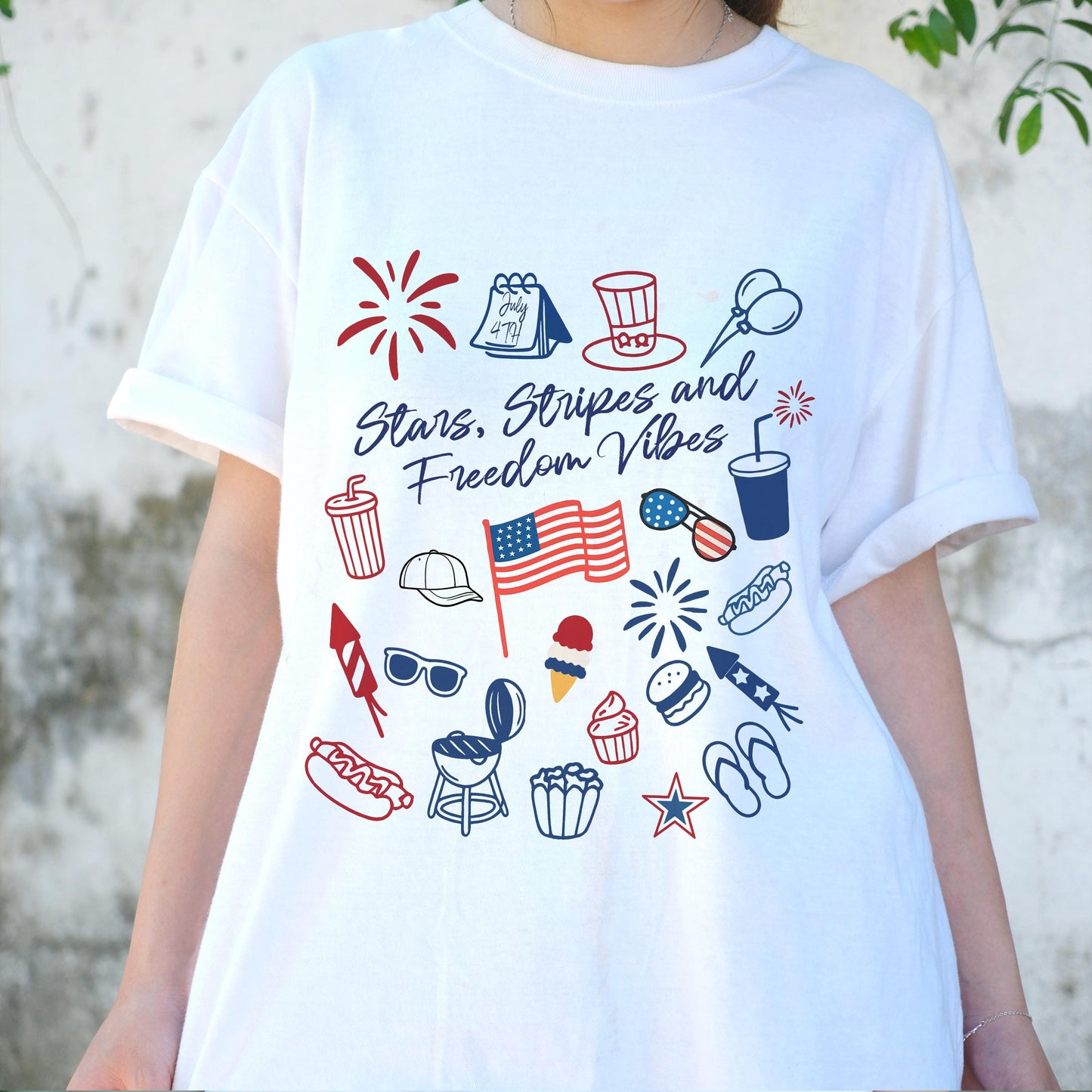 Stars Stripes and Freedom Vibes Shirt, 4th of July Graphic Tee, Patriotic Food and Fireworks Shirt, USA Independence Day T-Shirt